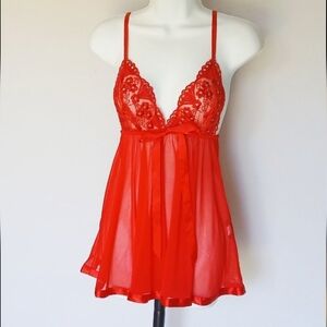 RISQUE Sexy Red Lingerie Nightie Sheer Flowy Skirt Satin Waist Tie & Hem OS